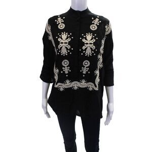 Notshy Womens Cotton Embroidered Pullover Short Sleeve Blouse Top Black Size S